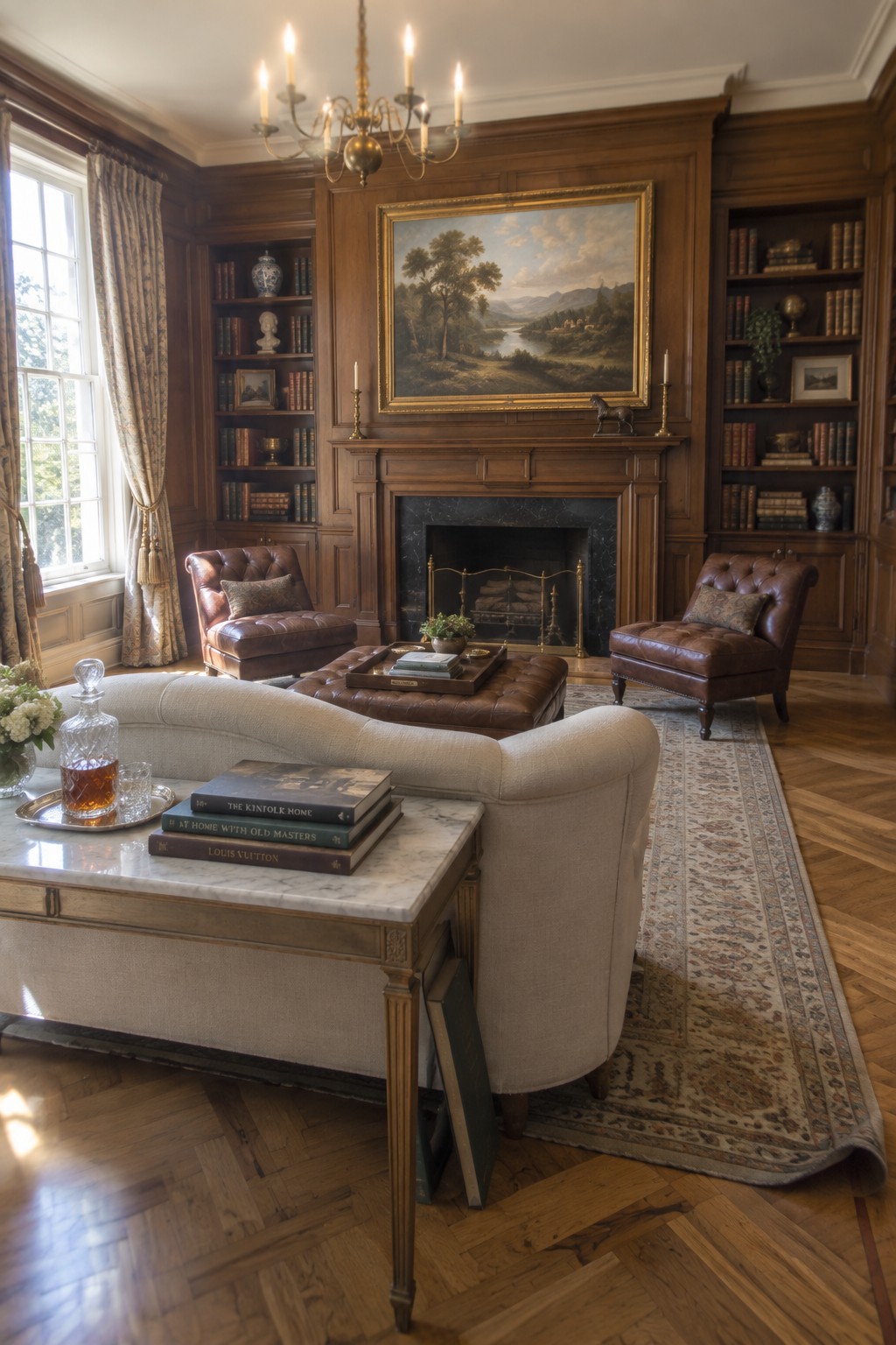 Luxurious wood-paneled library with leather armchairs, fireplace, bookshelves, and marble table.