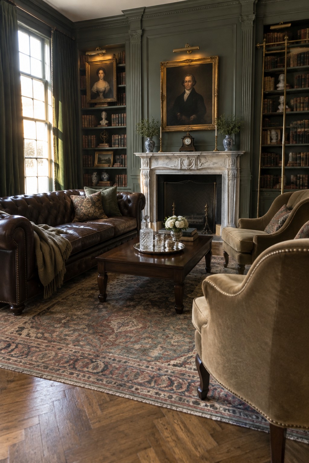 A living room with a brown leather sofa, wooden coffee table on a patterned rug, and a white marble fireplace flanked by built-in bookshelves filled with books, with upholstered armchairs nearby.