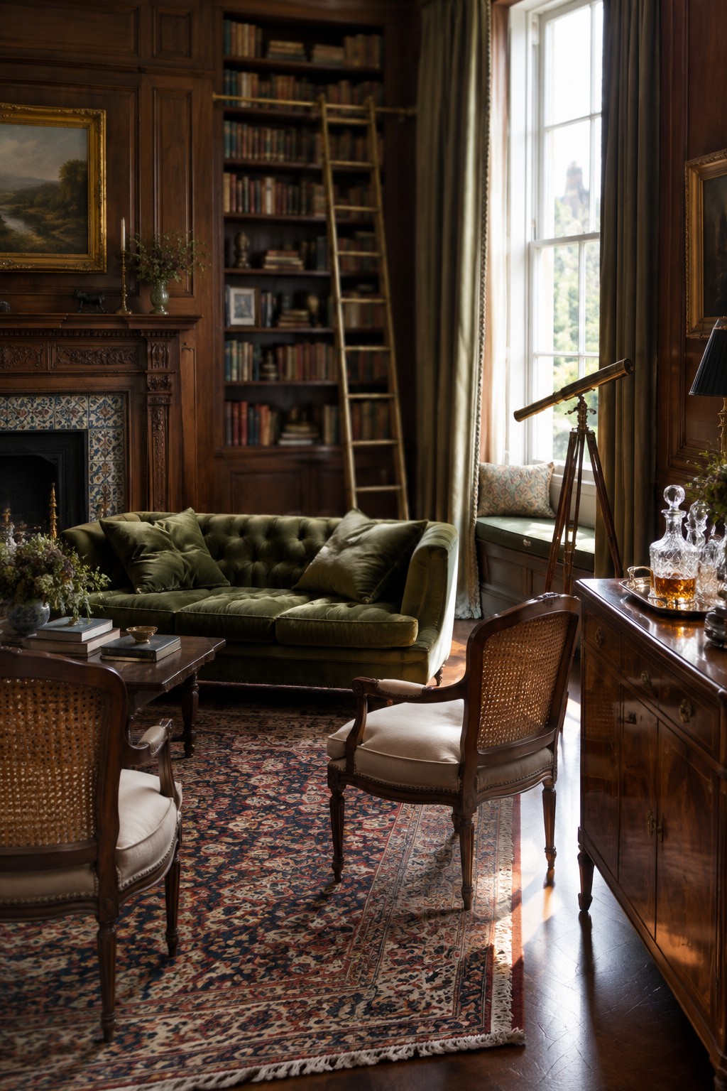 Elegant wood-paneled library with green velvet sofa, bookshelves, telescope, and patterned rug.