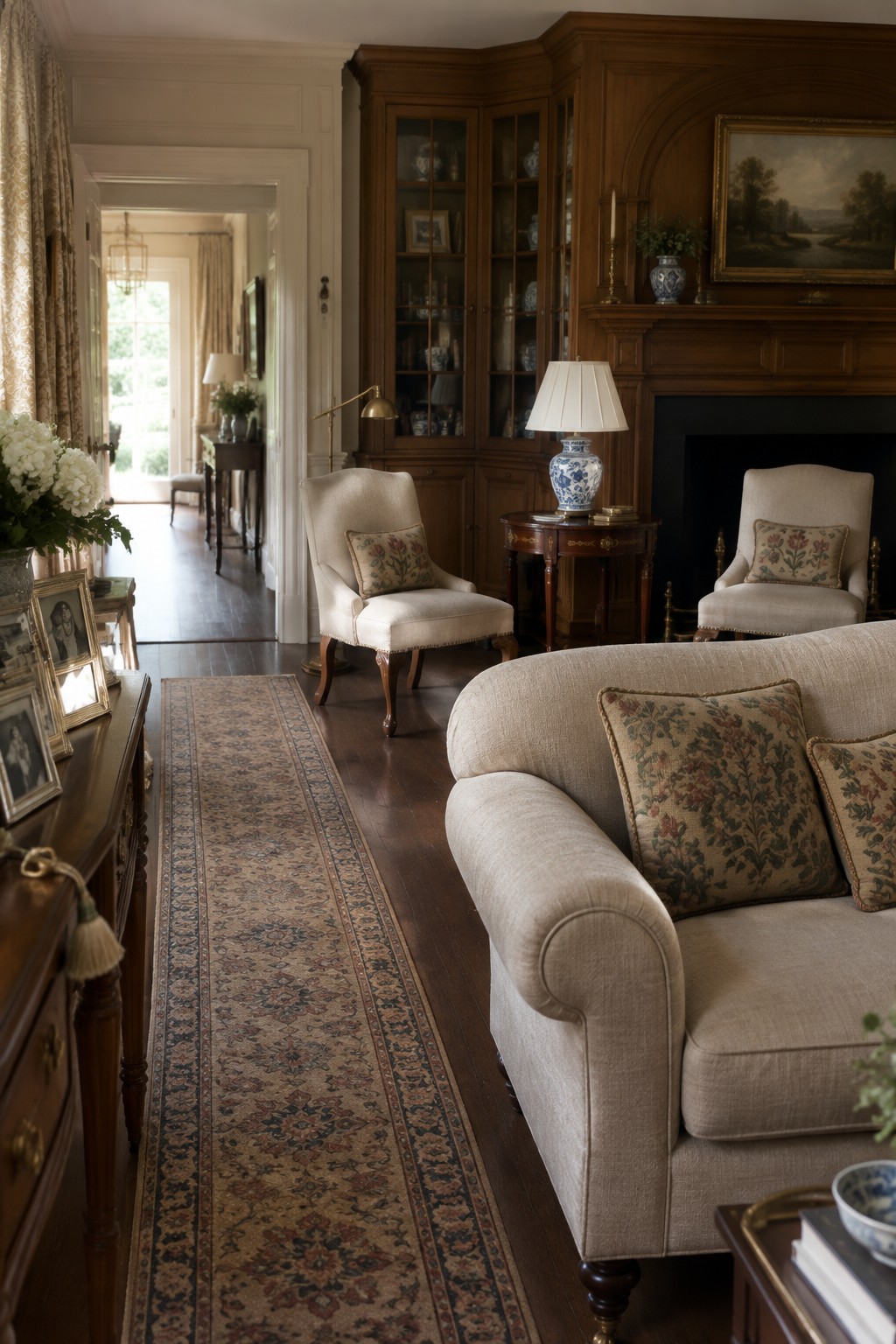 A traditional living room with beige upholstered sofa and armchairs, a large wooden built-in cabinet with glass doors beside a fireplace, and a patterned runner on dark hardwood floors.