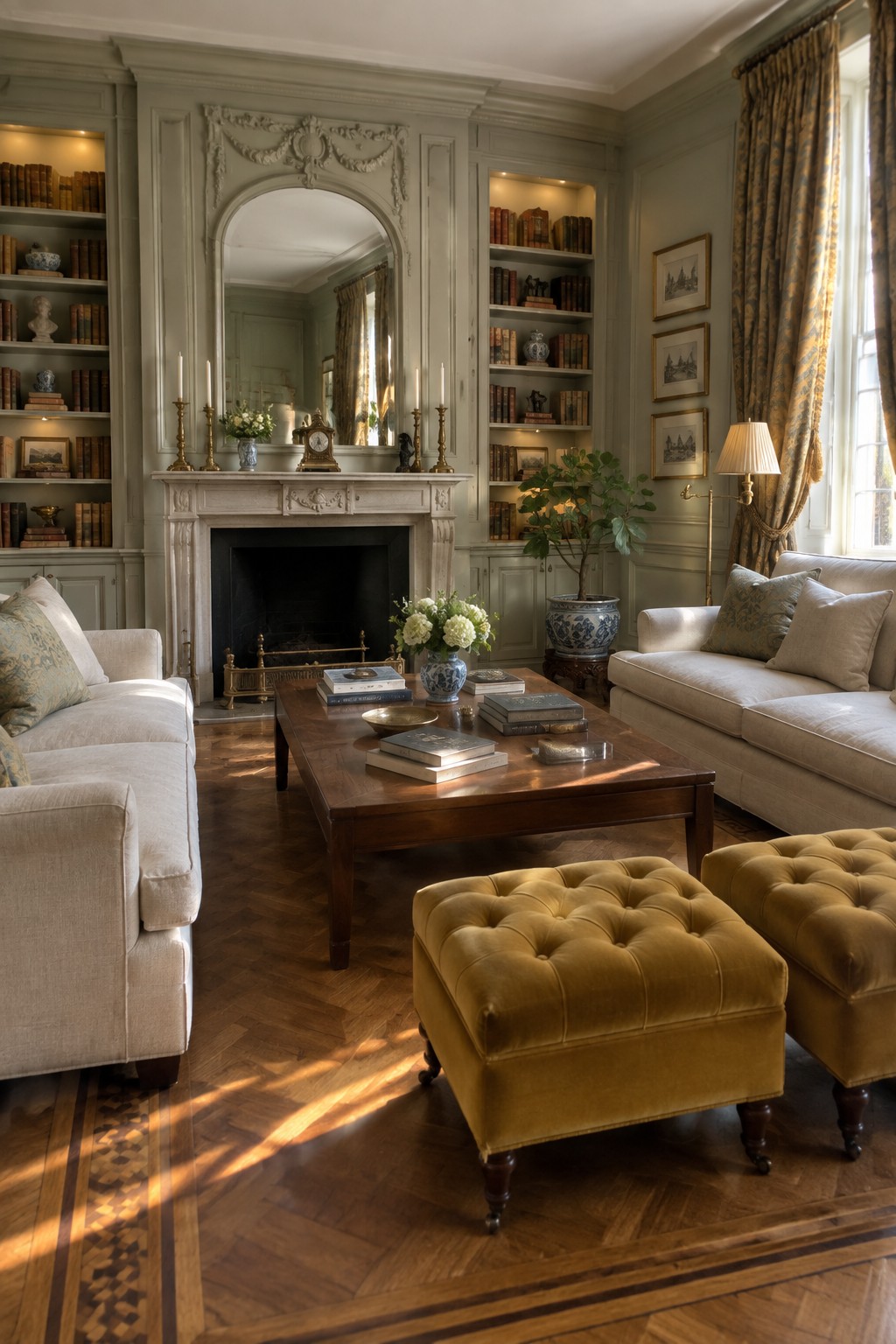 A traditional living room with cream sofas, a wooden coffee table, mustard velvet ottomans, and a fireplace framed by built-in bookshelves and ornate millwork.