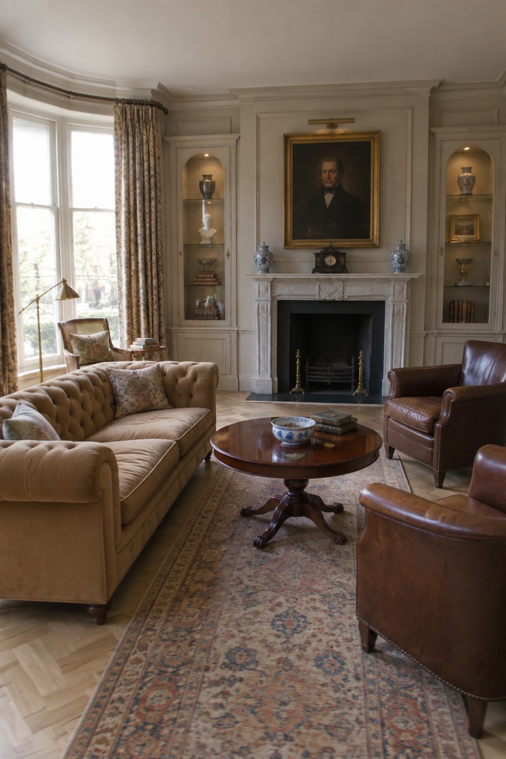 Elegant living room with tufted sofa, leather armchairs, round table, and marble fireplace.