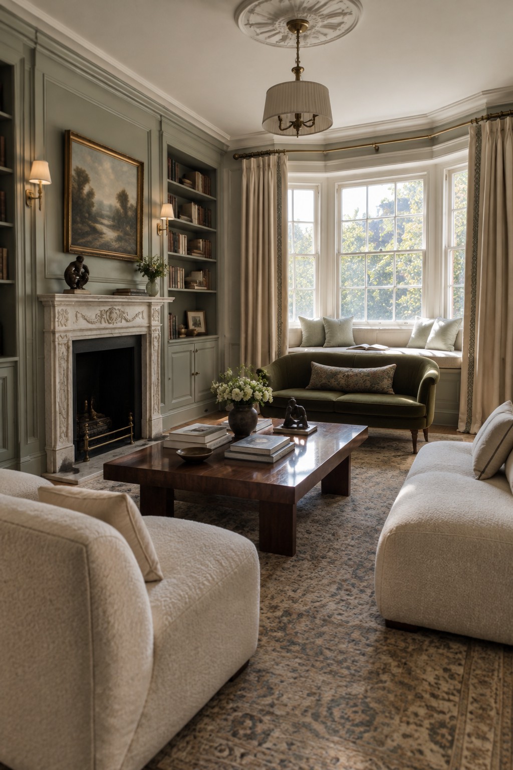 A living room with sage green walls, built-in bookshelves filled with books flanking a white marble fireplace with ornate millwork, a green velvet sofa, wooden coffee table, and a bay window with cushions.