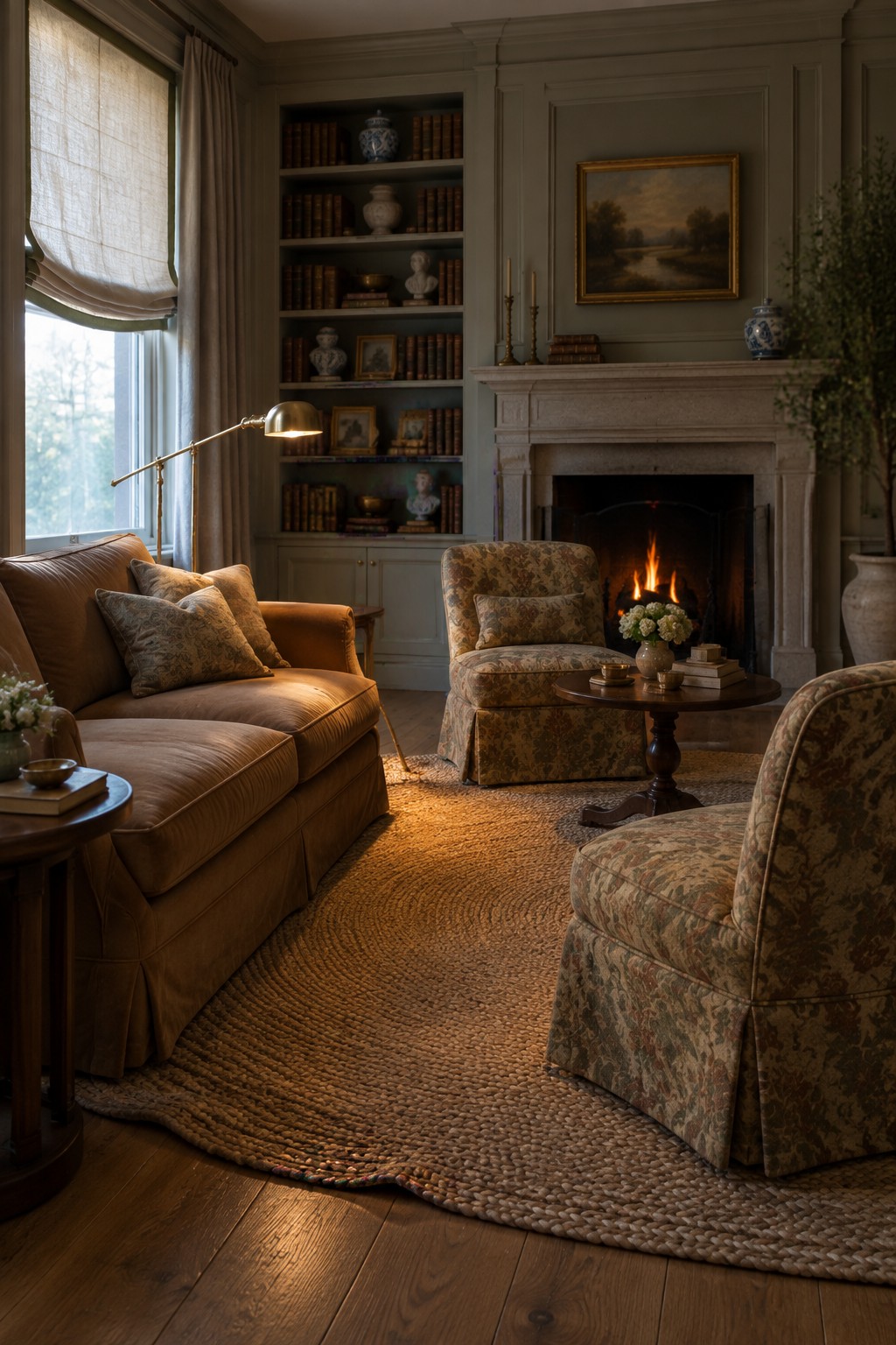 A living room with a brown velvet sofa, two patterned armchairs, a round coffee table, a lit fireplace, and built-in bookshelves flanking the mantel.