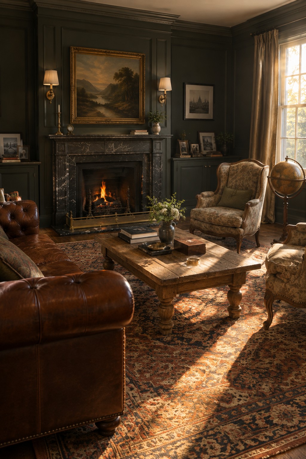 Cozy traditional living room with marble fireplace, leather sofa, wooden table, and sunlit rug.