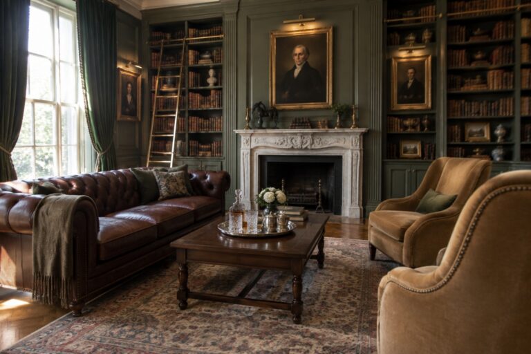 25 Sophisticated Old Money Living Room Ideas With Traditional Millwork A living room with a brown leather sofa, wooden coffee table on a patterned rug, and a white marble fireplace flanked by built-in bookshelves filled with books, with upholstered armchairs nearby.