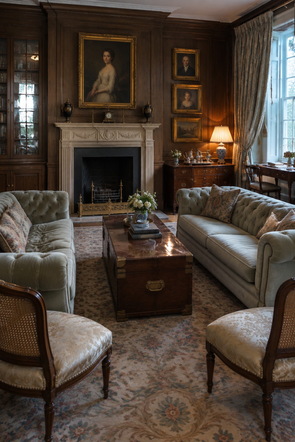 Elegant wood-paneled parlor with green tufted sofas, antique trunk table, and fireplace.