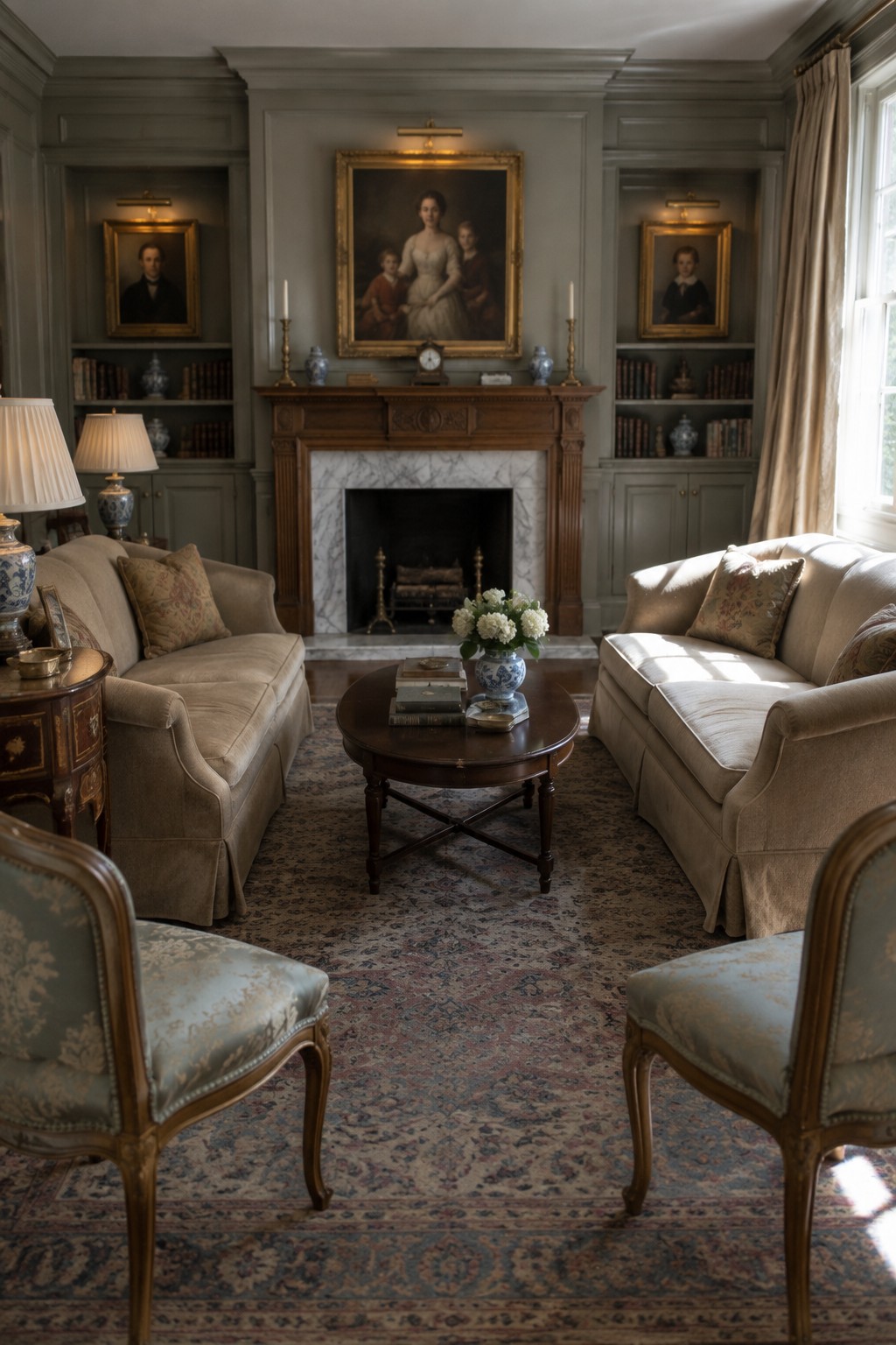 Elegant traditional parlor with beige sofas, round table, fireplace, and family portraits.