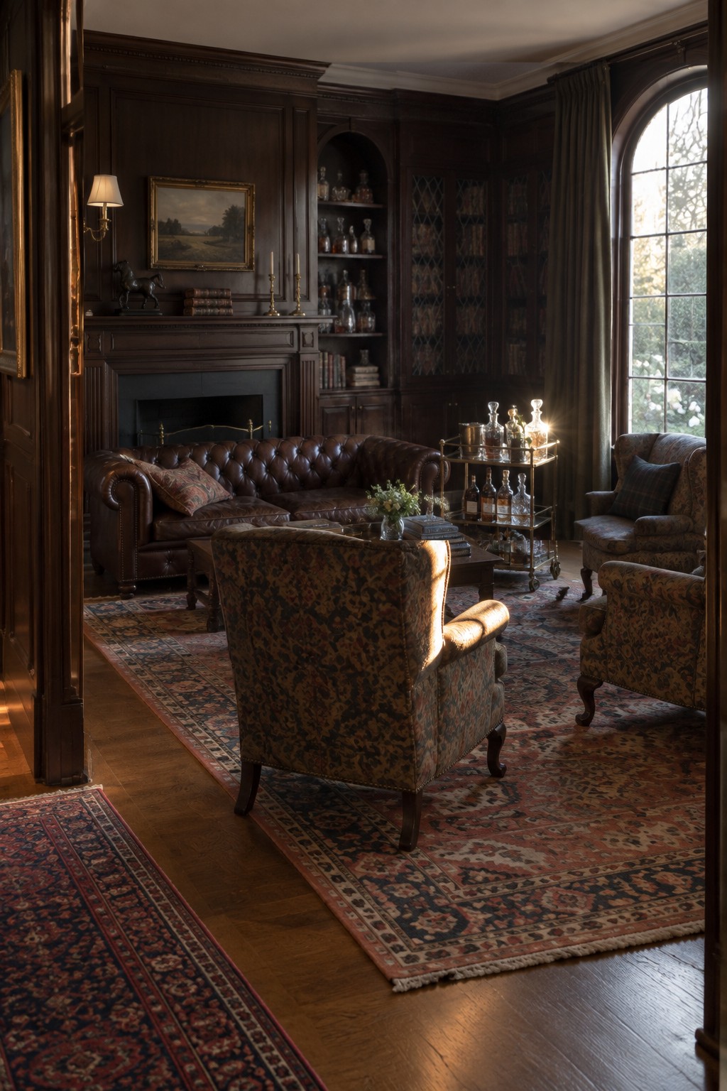 A traditional living room with dark wood paneling, built-in bookshelves and cabinets, a brown leather sofa, patterned armchairs, and a fireplace mantel.