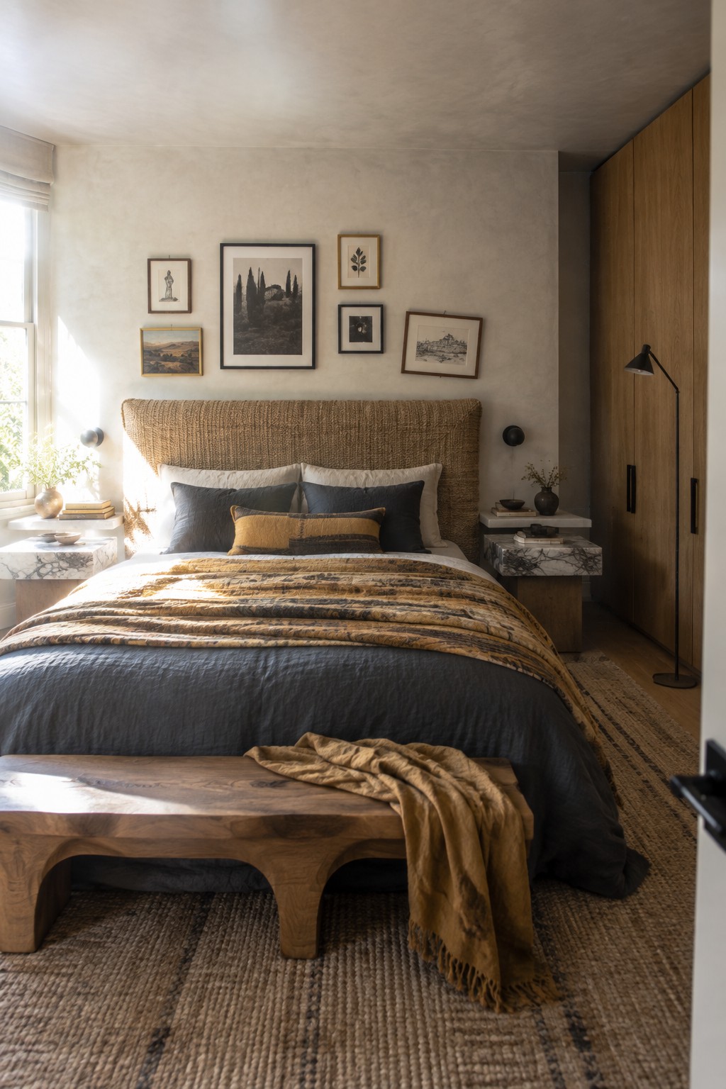 A bedroom featuring a large bed with a woven headboard, dark gray bedding, and a gallery wall of six framed black and white prints arranged above it, with marble-topped nightstands on either side.
