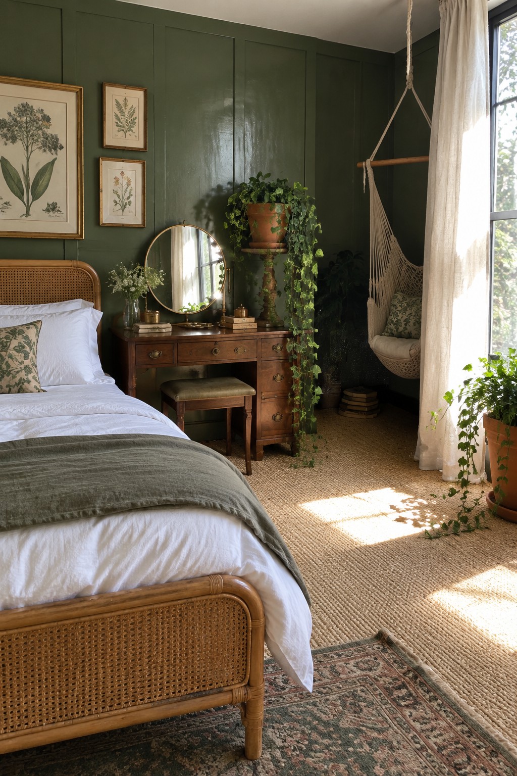 Green-walled bedroom with rattan bed, wooden vanity, hanging chair, plants, and sunlight
