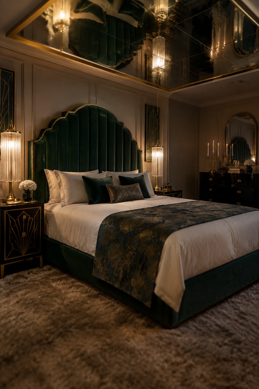 A bedroom with a large green velvet scalloped headboard, white bedding, dark nightstands, and a mirrored ceiling.