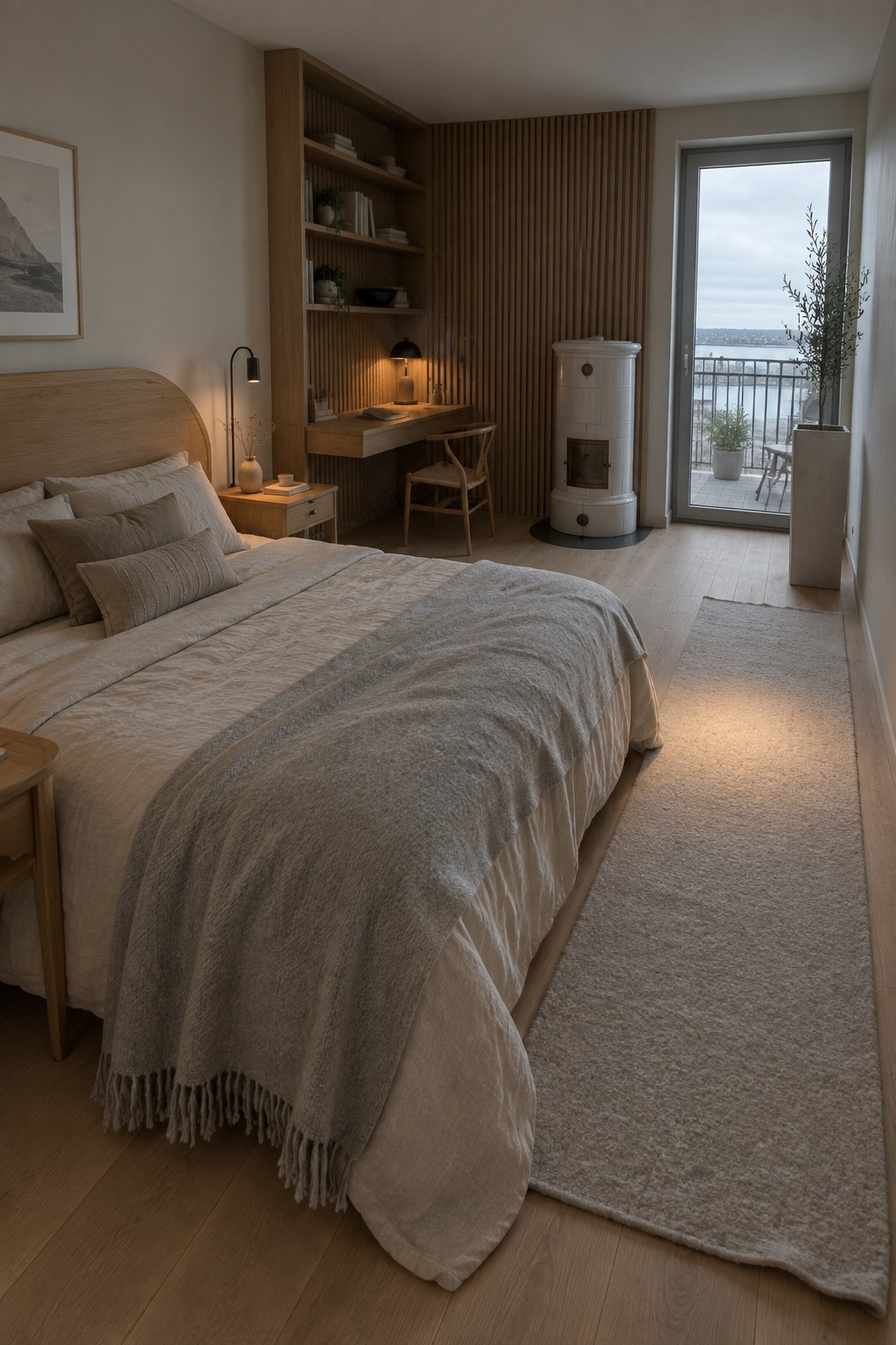 Cozy minimalist bedroom with wooden bed, built-in desk, white stove and sea-view balcony