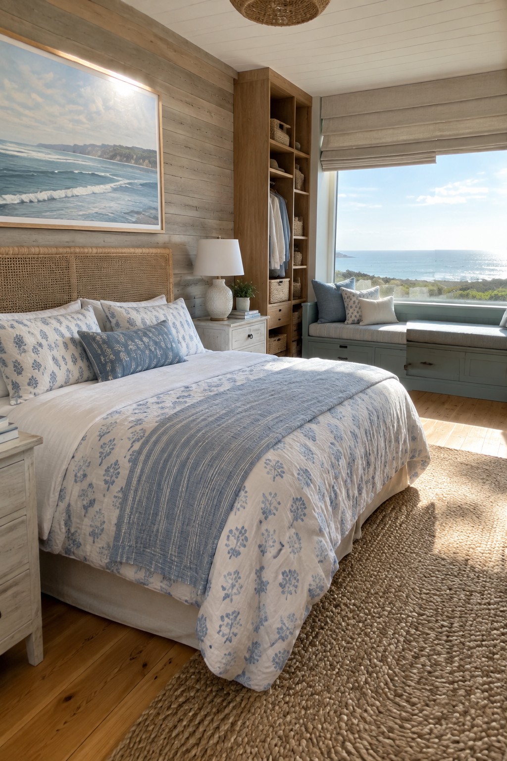 A bedroom with a large bed in white and blue linens, a woven headboard, a built-in window seat with blue and white pillows, and an ocean view through a wide window.
