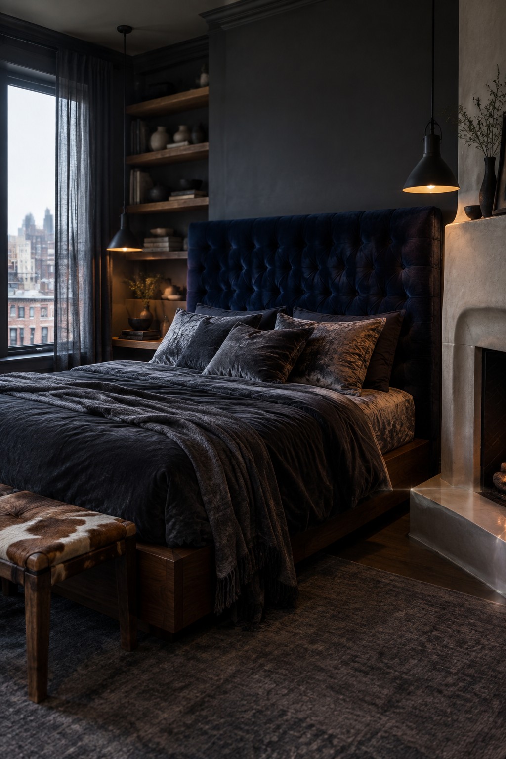A bedroom with a large navy blue tufted velvet headboard, dark gray velvet bedding and pillows, built-in wooden shelves on the left wall, and a stone fireplace on the right.