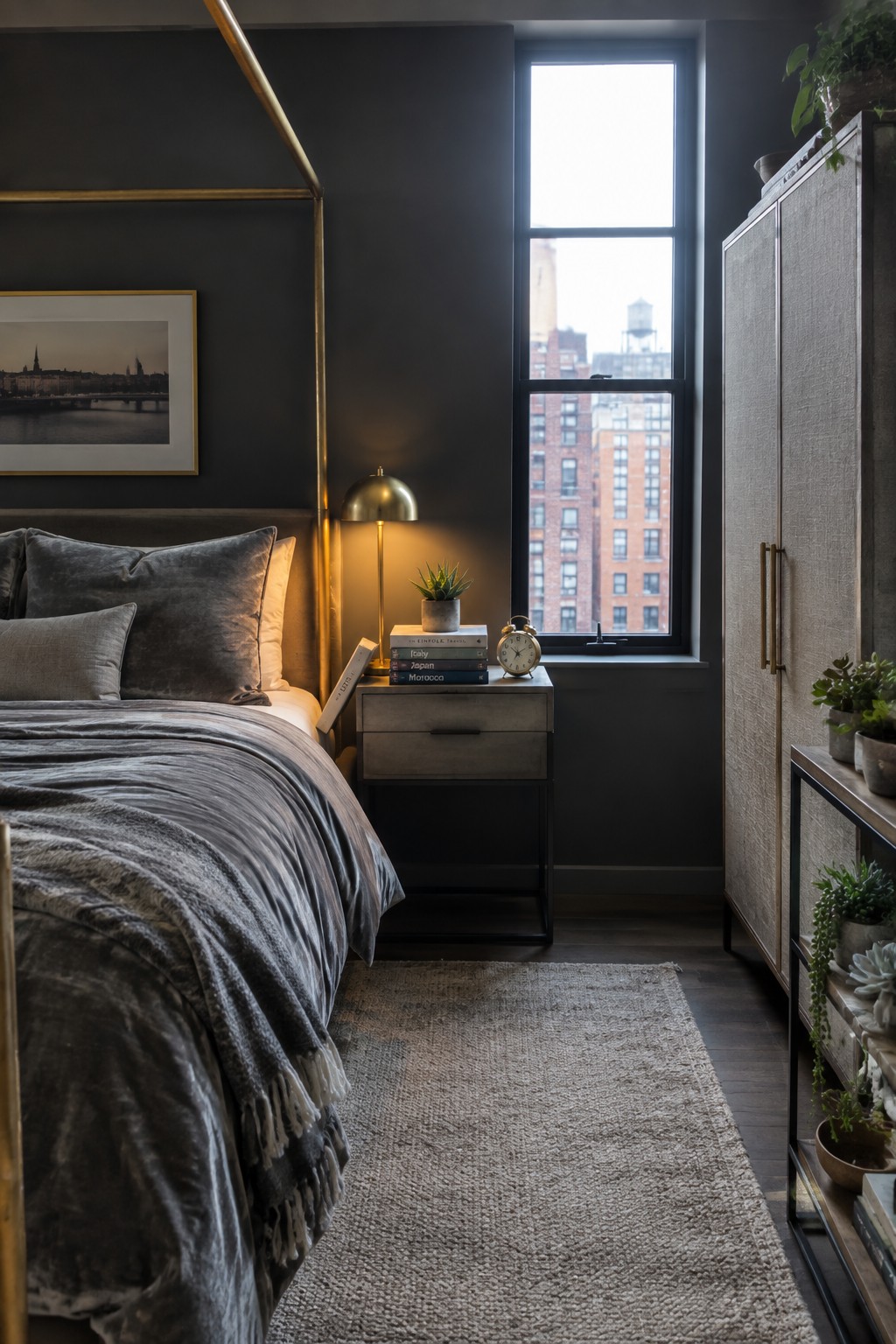 A bedroom with dark gray walls, a bed dressed in gray velvet bedding, a nightstand holding books and a lamp, and a tall window overlooking brick buildings.