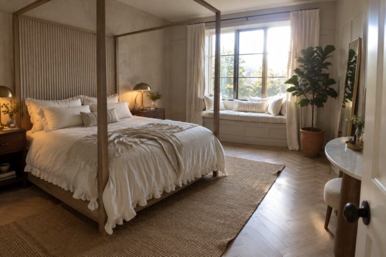 25 Sophisticated Primary Bedroom Ideas Inspired by Boutique Hotels Serene neutral bedroom with wooden canopy bed, window seat, jute rug, and potted plant.