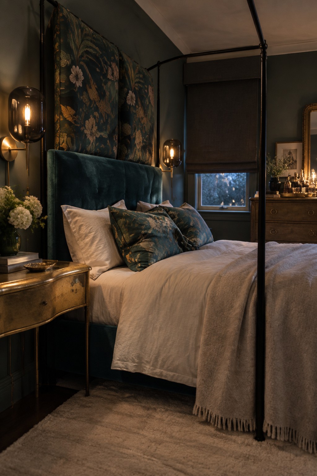 A bedroom with a four-poster bed, teal velvet headboard, white and patterned pillows, and floral fabric panels on the wall behind it.