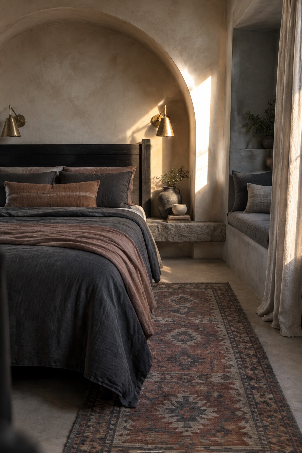A bedroom featuring a bed set within a large arched alcove with a stone ledge, wall sconces, and a patterned rug on the floor.