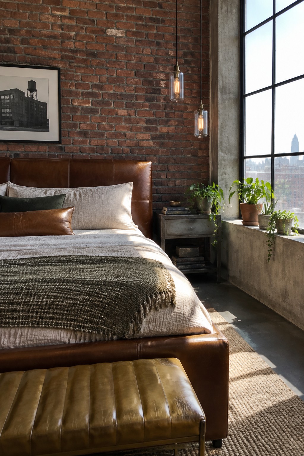 Industrial bedroom with brown leather bed, brick wall, pendant lights and city view window.