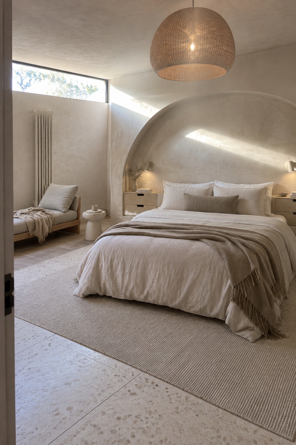 A bedroom with a large bed set inside a curved plaster alcove, neutral linens, bedside tables, and a woven pendant light.