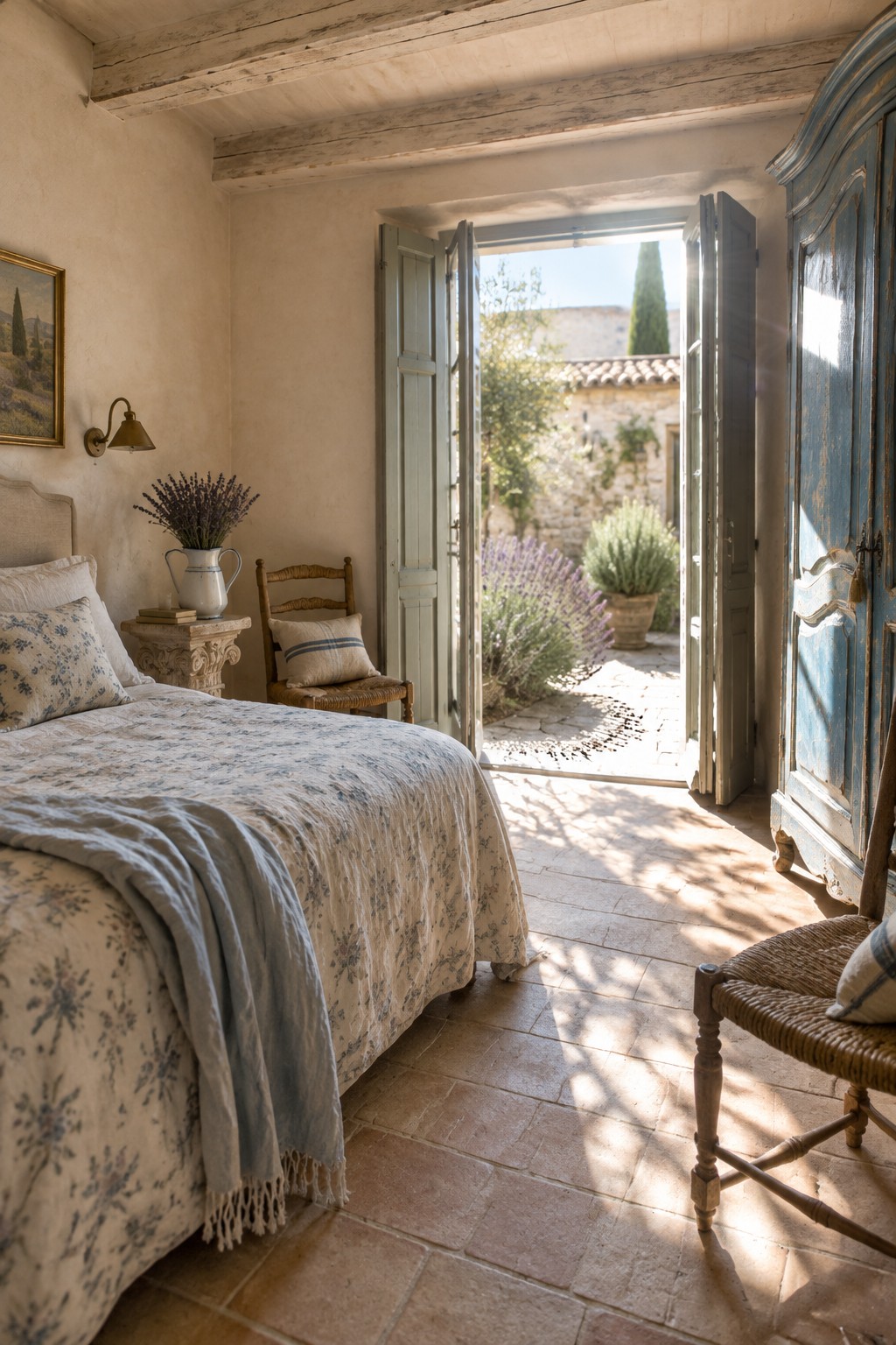 A rustic bedroom with a floral bedspread, open light blue double doors, and a view of a sunny courtyard with lavender bushes and stone tiles.