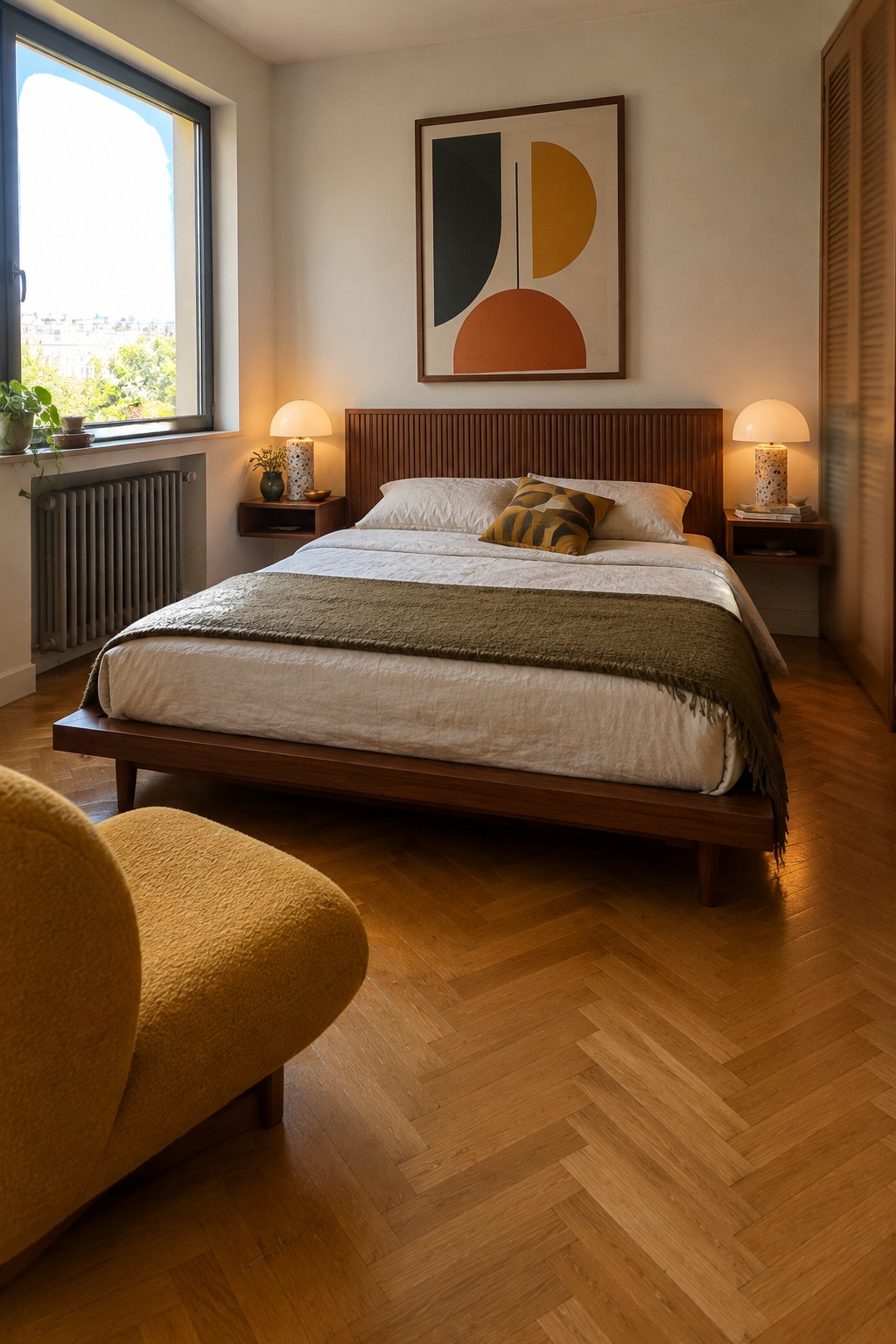 A bedroom with a low wooden platform bed featuring a tall vertically ribbed headboard, white and patterned linens, two floating wooden nightstands with lamps, and abstract wall art above the bed.