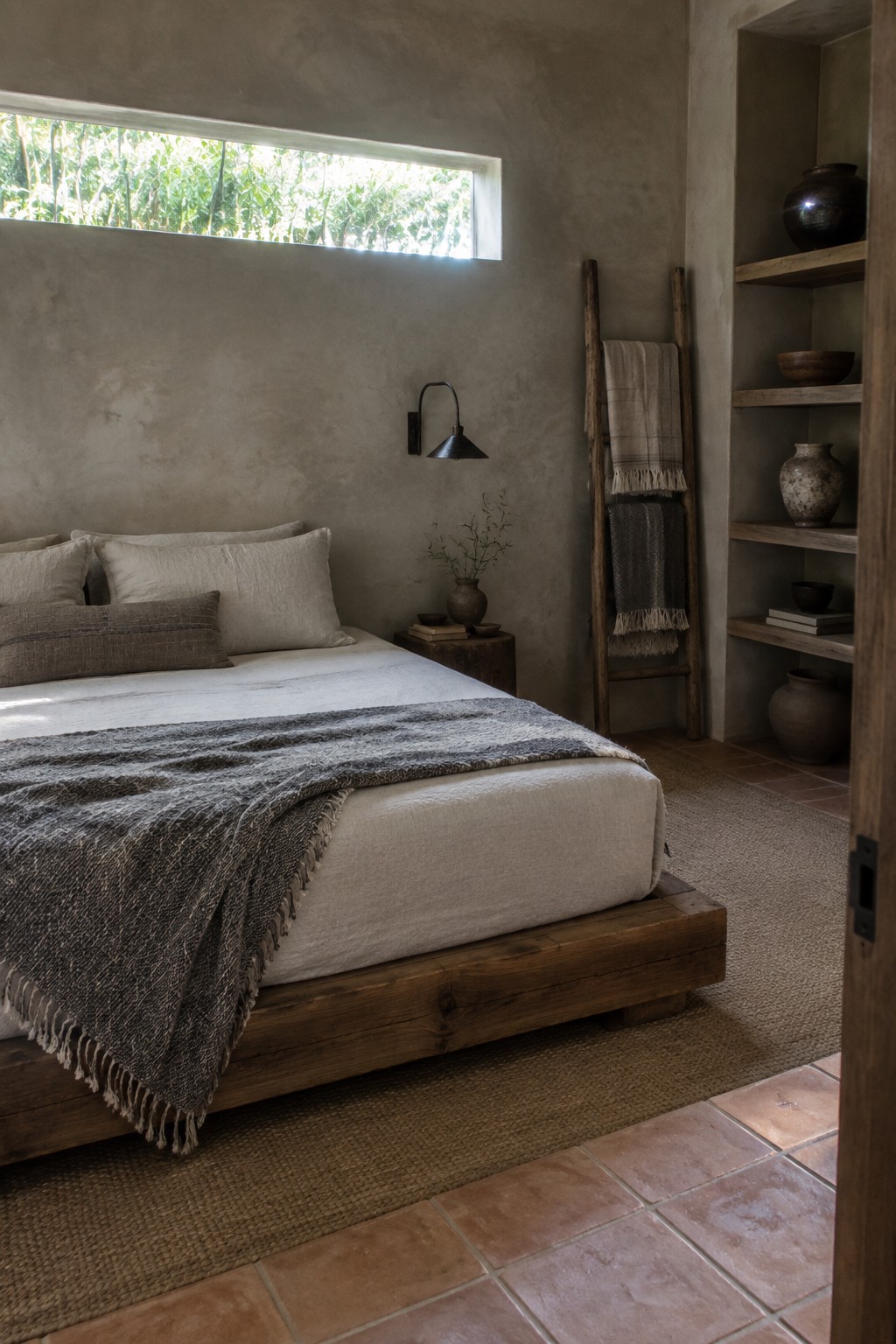 A bedroom featuring a low wooden platform bed with white and gray linens against a textured plaster wall, a small high window, and built-in wooden shelves holding pottery on the right.
