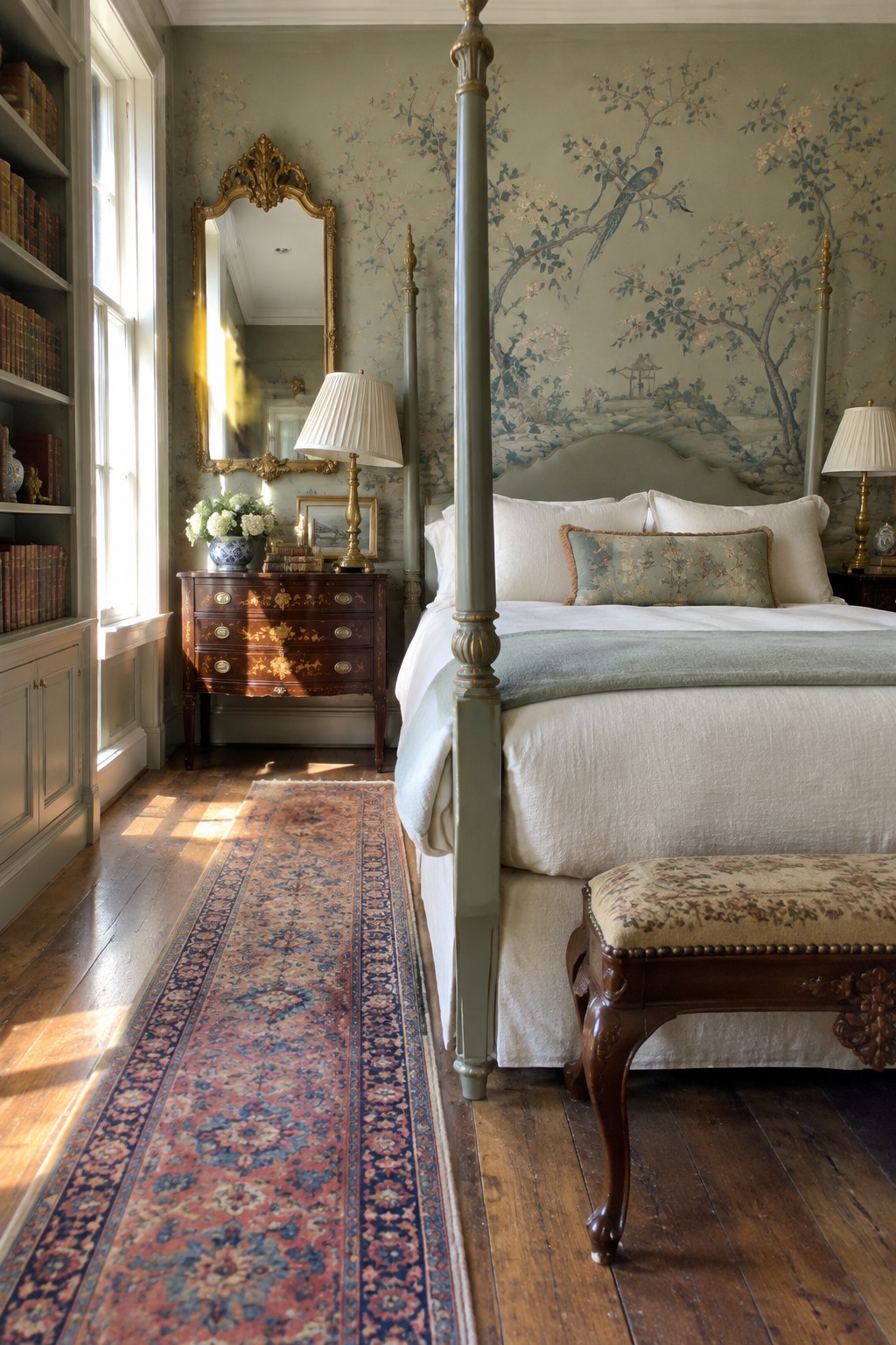A primary bedroom with a sage green four-poster bed, white bedding, a patterned bench at the foot, and light green chinoiserie wallpaper featuring trees and birds, with a wooden dresser and gilt mirror visible to the left.