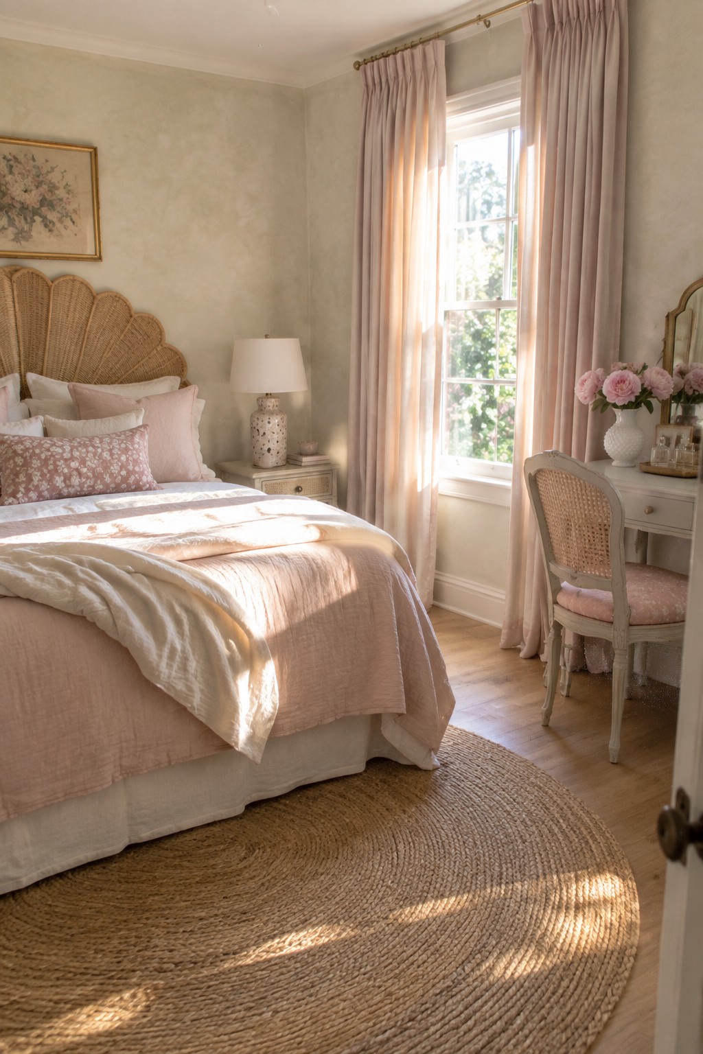 Sunlit bedroom with pink linens, rattan headboard, jute rug, and vanity chair.