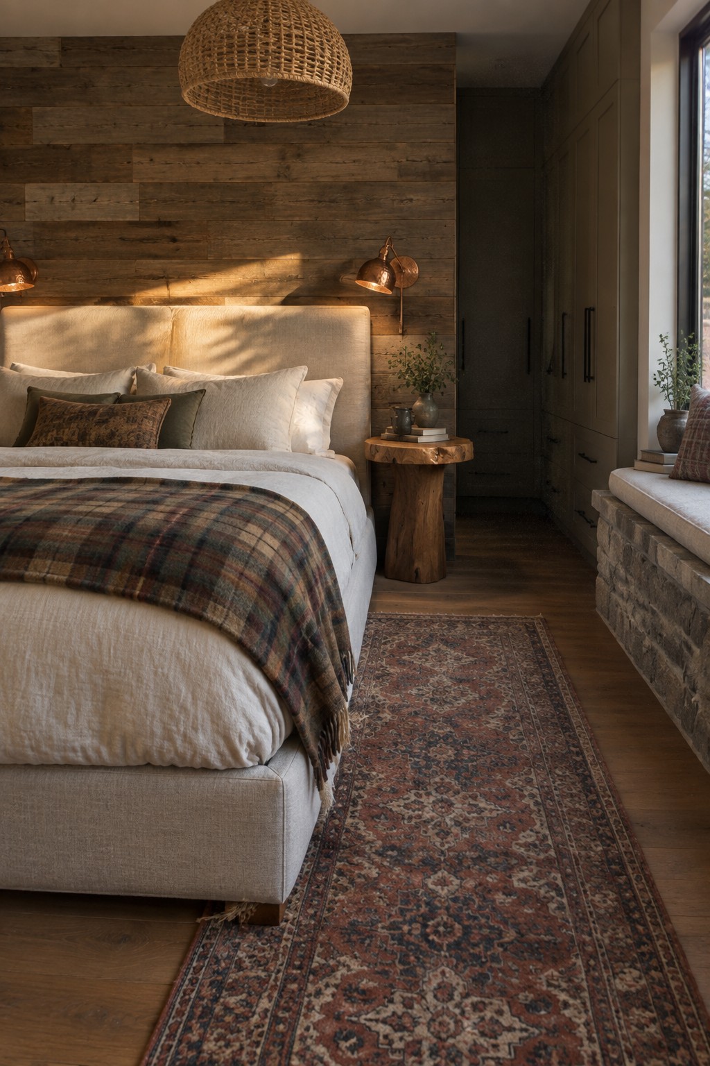 A bedroom featuring a large upholstered bed against a horizontal wood accent wall, with neutral linens, a woven pendant light overhead, and a stone window seat on the right.