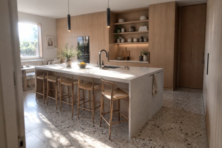 A modern kitchen with a large white island lined with wooden bar stools and full-height light wood cabinets in the background.