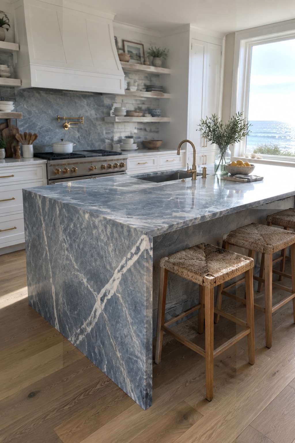 A bright kitchen with a large blue-gray marble island, three woven bar stools, white cabinets, and a window view of the ocean.
