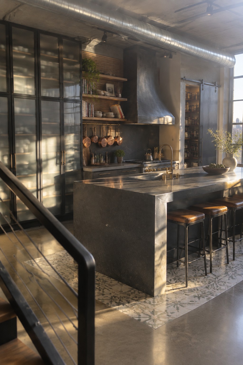 Modern industrial kitchen with concrete island, leather stools, and metal ductwork