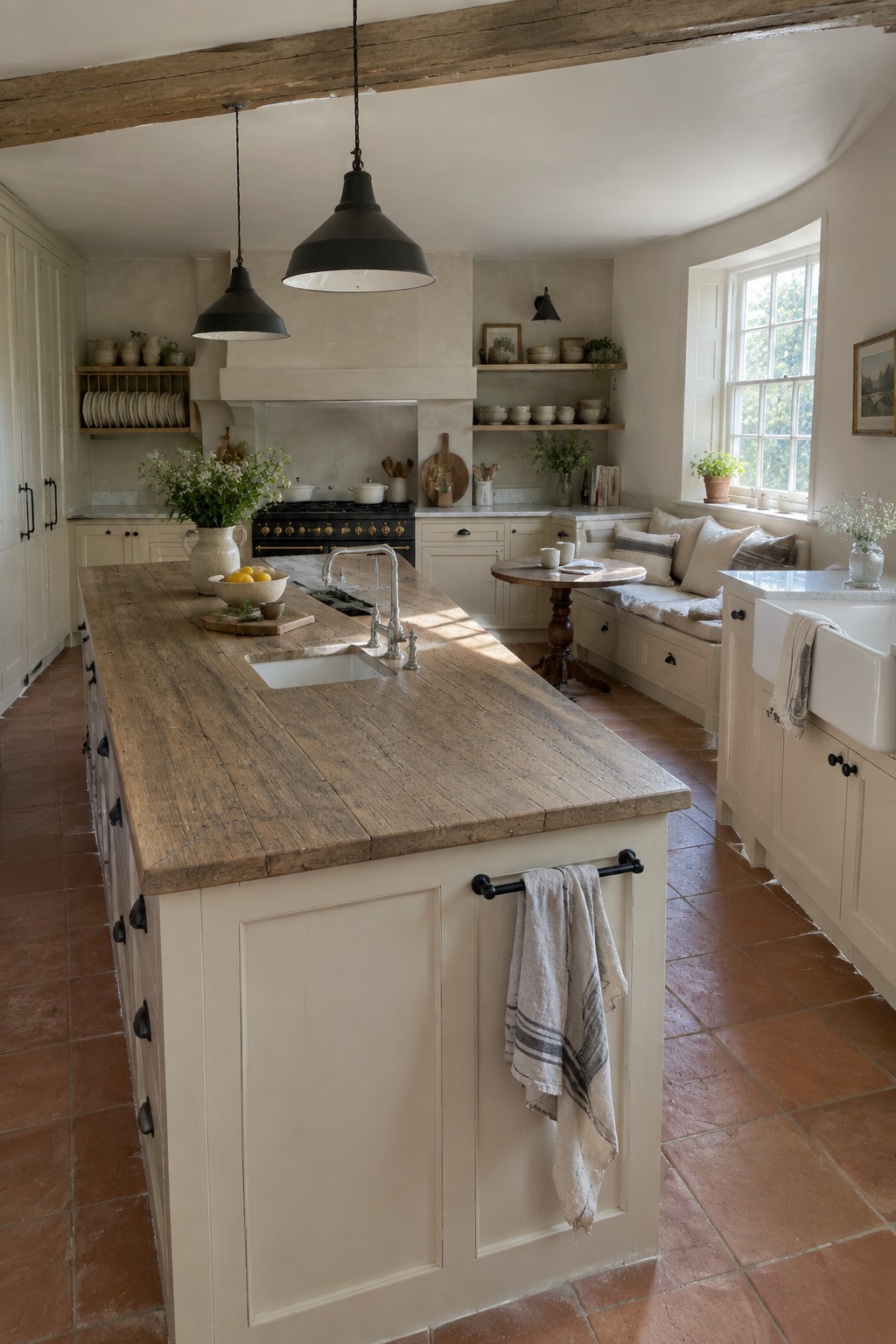A kitchen interior featuring a large wooden island with a sink, cream full-height cabinets, a black range cooker, and a built-in window seat.
