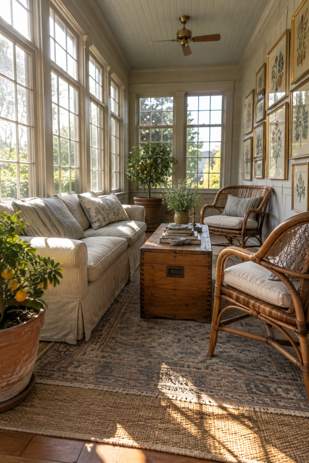 A sunlit interior room with a linen sofa, two wicker armchairs, a wooden trunk as coffee table, potted citrus trees, and large multi-paned windows along two walls.