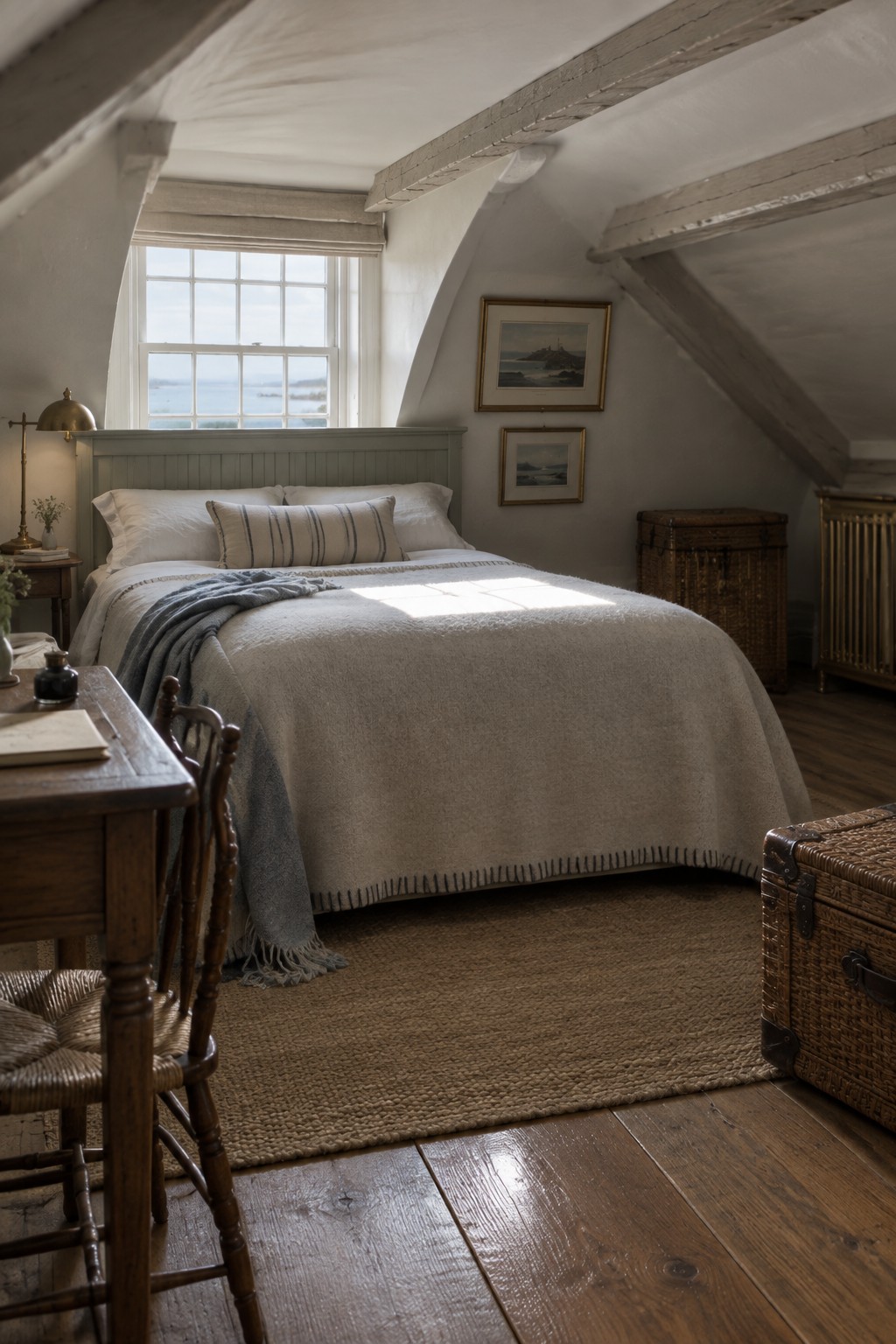 Cozy attic bedroom with sea-view window, wooden beams, and sunlit bed.