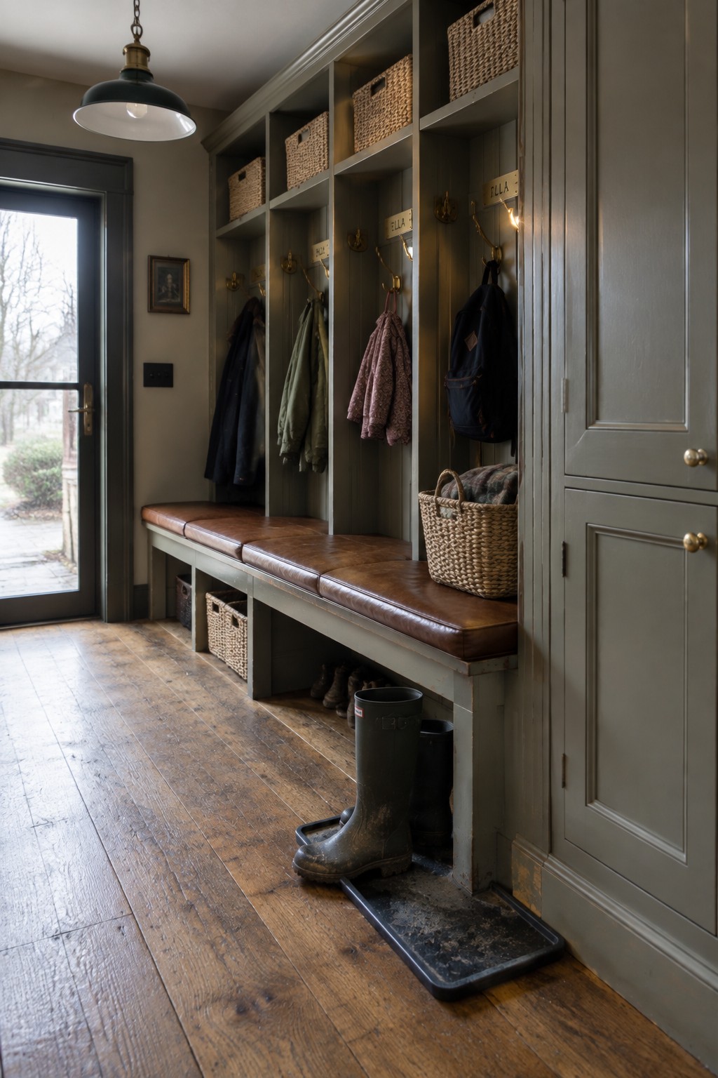 A long gray built-in bench with brown leather cushion sits beneath cubbies and brass hooks in a traditional entryway, with boots on a tray below.