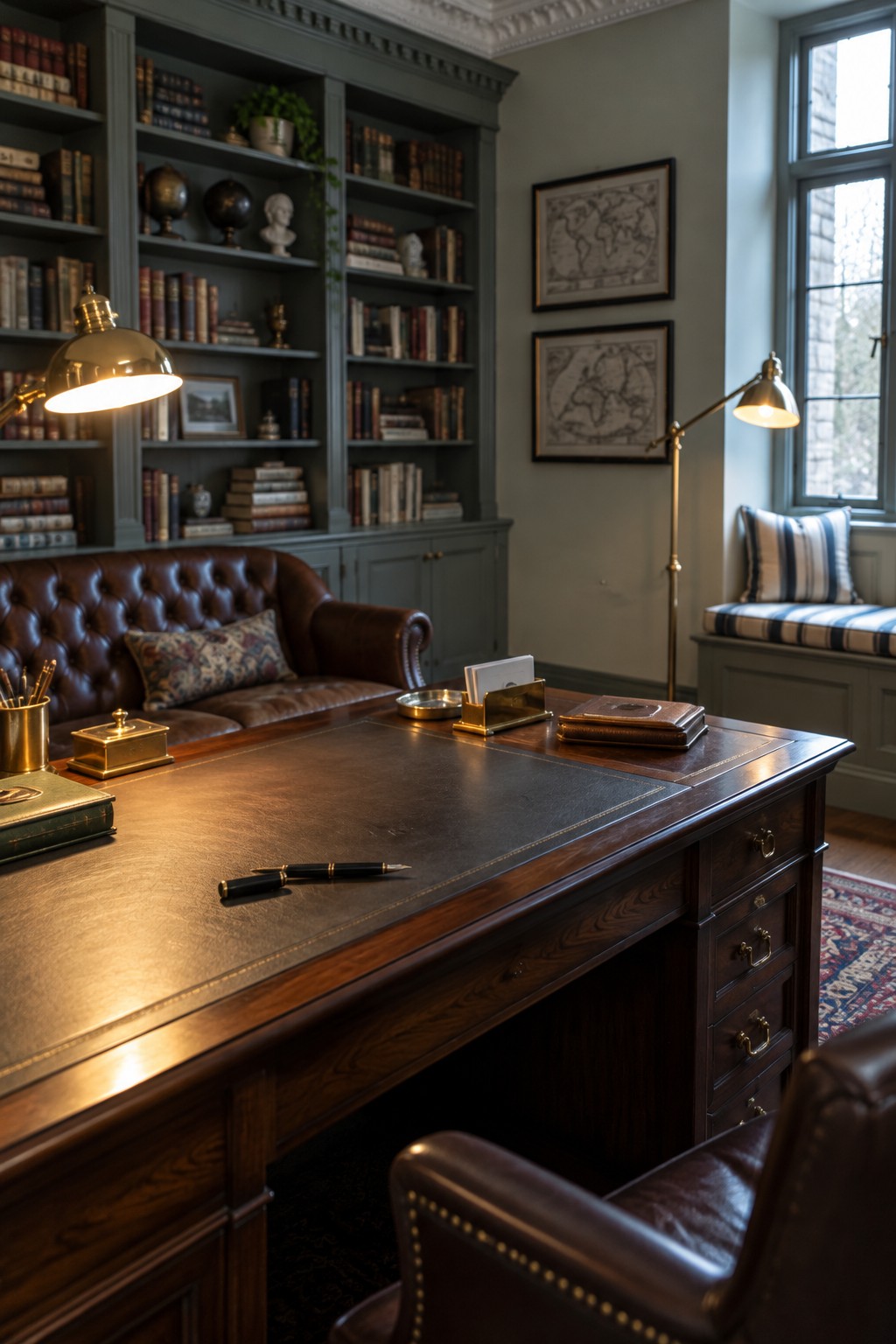 A traditional home office featuring a large dark wood desk with leather top, built-in gray bookshelves filled with books, a brown leather sofa, and brass desk lamps.