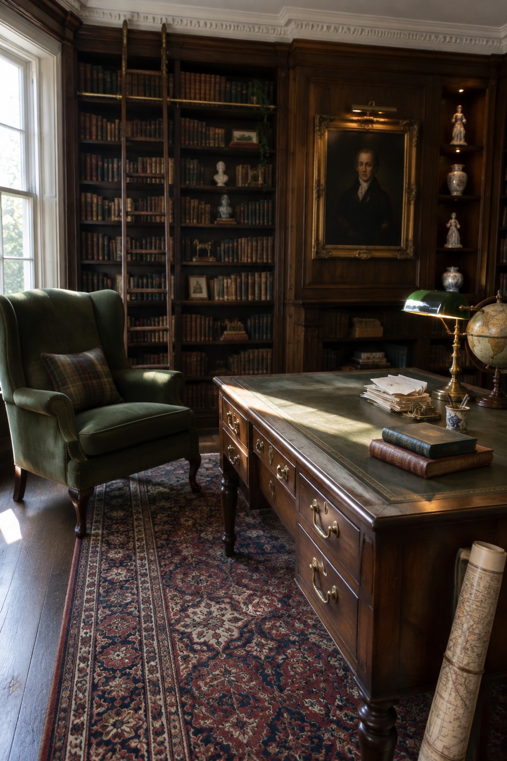 Sunlit dark wood library with green leather desk, armchair, bookshelves, globe and patterned rug.