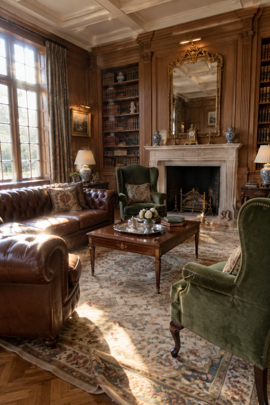 Elegant wood-paneled library with leather sofas, green velvet chairs, fireplace, and bookshelves.
