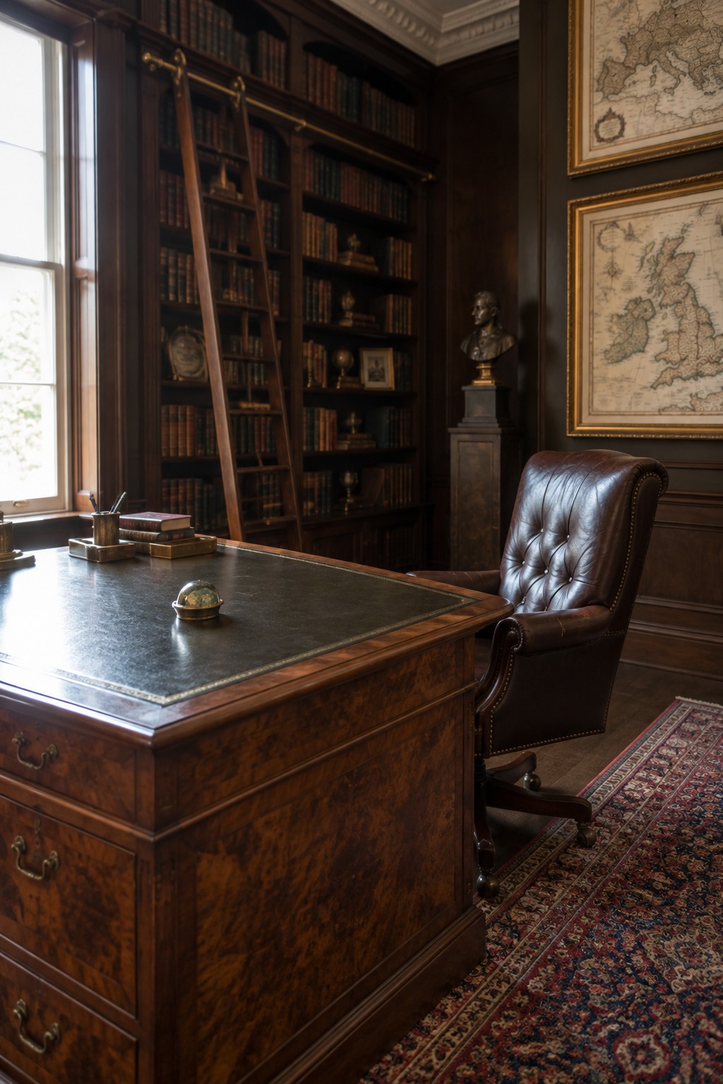A traditional study with dark wood built-in bookshelves filled with books, a rolling wooden ladder, a large desk with a brown leather chair, and framed maps on the wall.