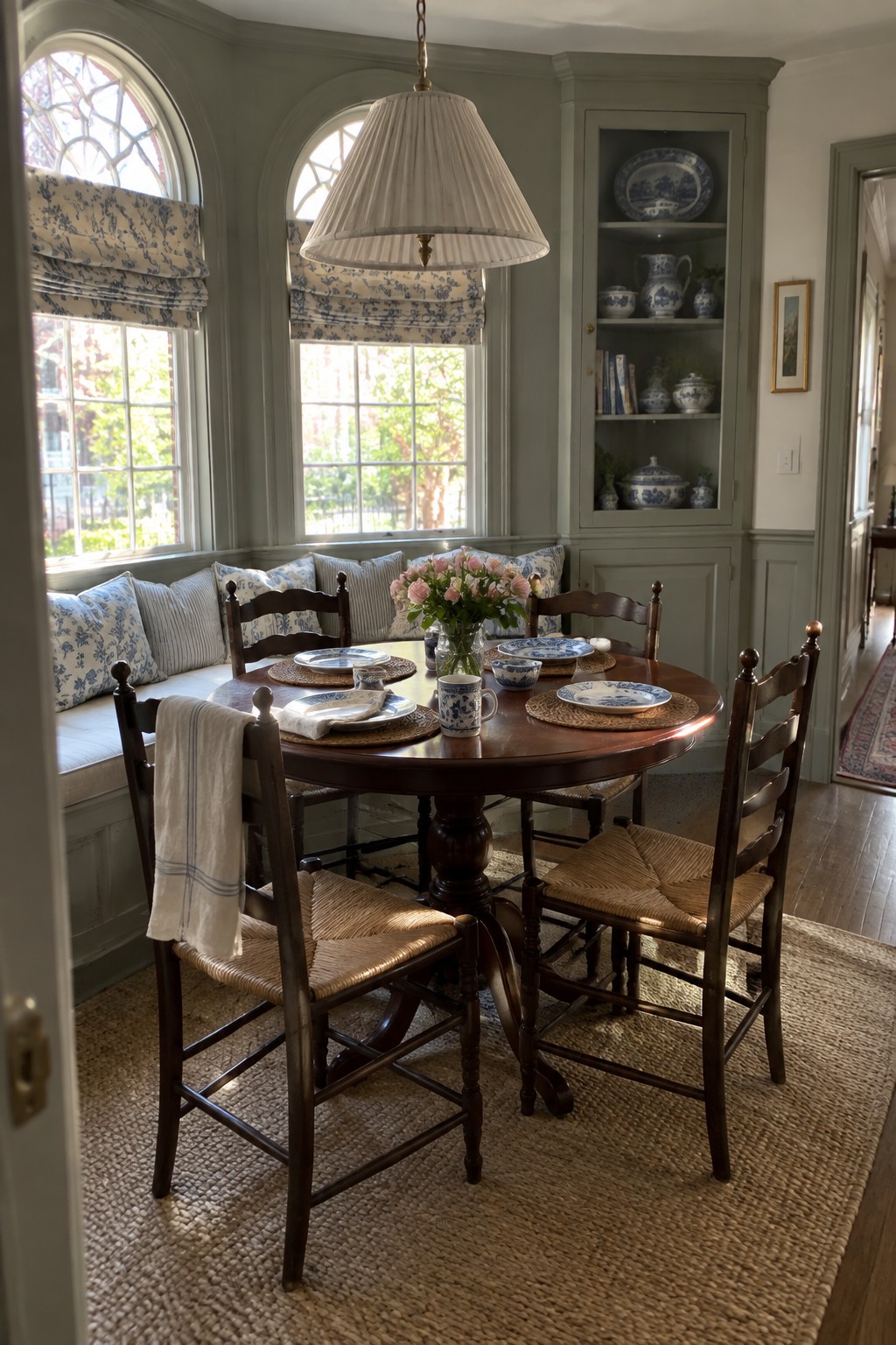 A round wooden dining table with blue and white dishes and woven-seat chairs sits in front of arched windows and a tall built-in cabinet displaying porcelain.