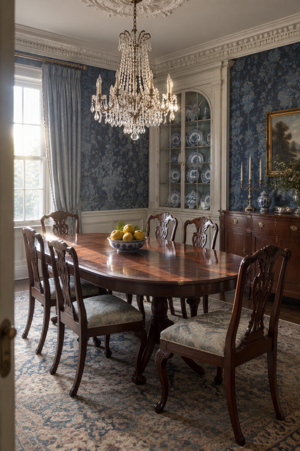 A formal dining room featuring a polished wood table with upholstered chairs, a crystal chandelier, and a white built-in cabinet with glass doors displaying blue and white porcelain against dark blue floral wallpaper.