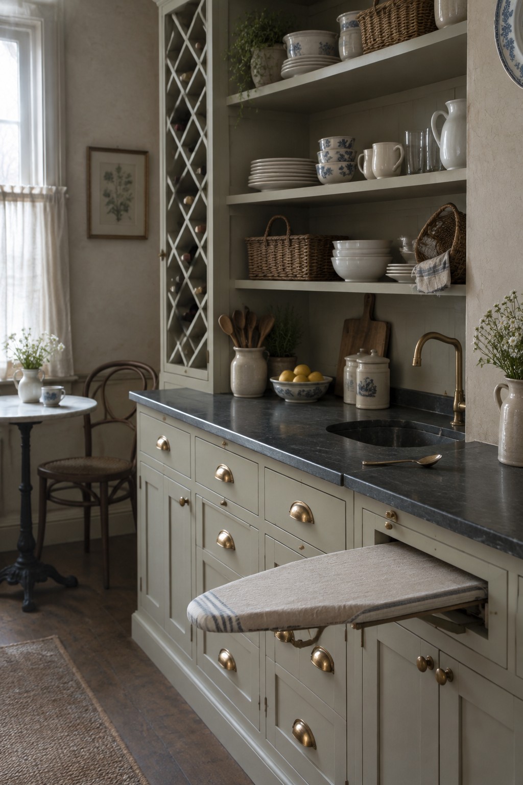 A kitchen interior with sage green cabinetry, dark stone countertops, open shelving with dishes and baskets, and a pull-out ironing board extended from the lower cabinets.