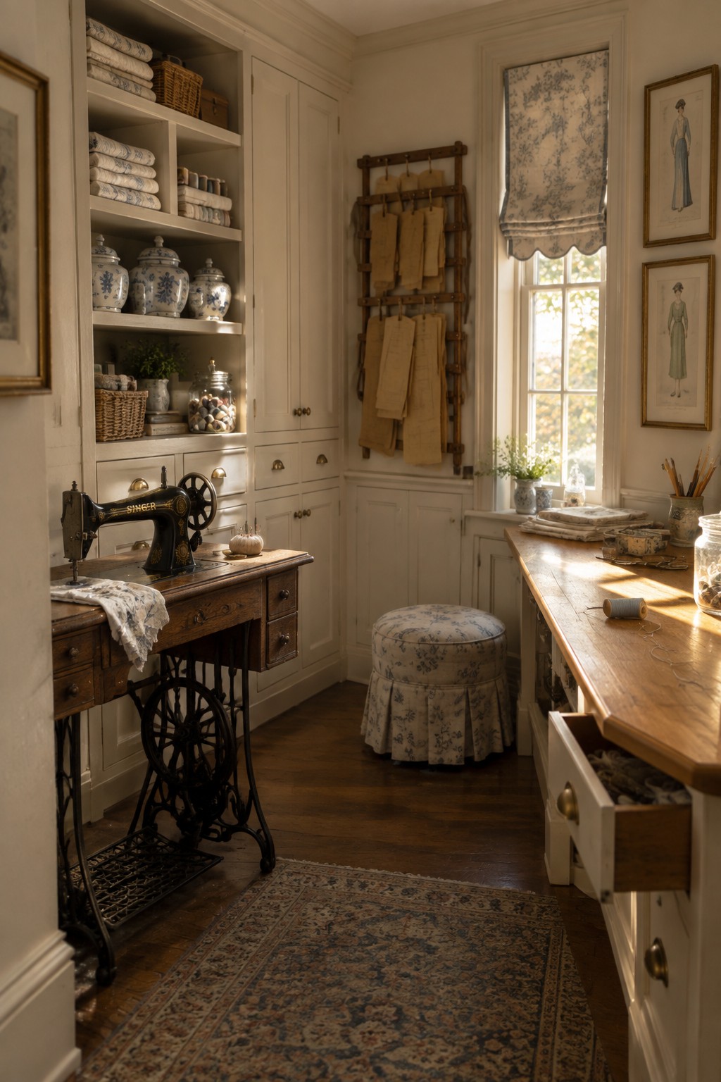 Vintage sewing room with antique Singer machine, floral ottoman, wooden tables, and white cabinets.