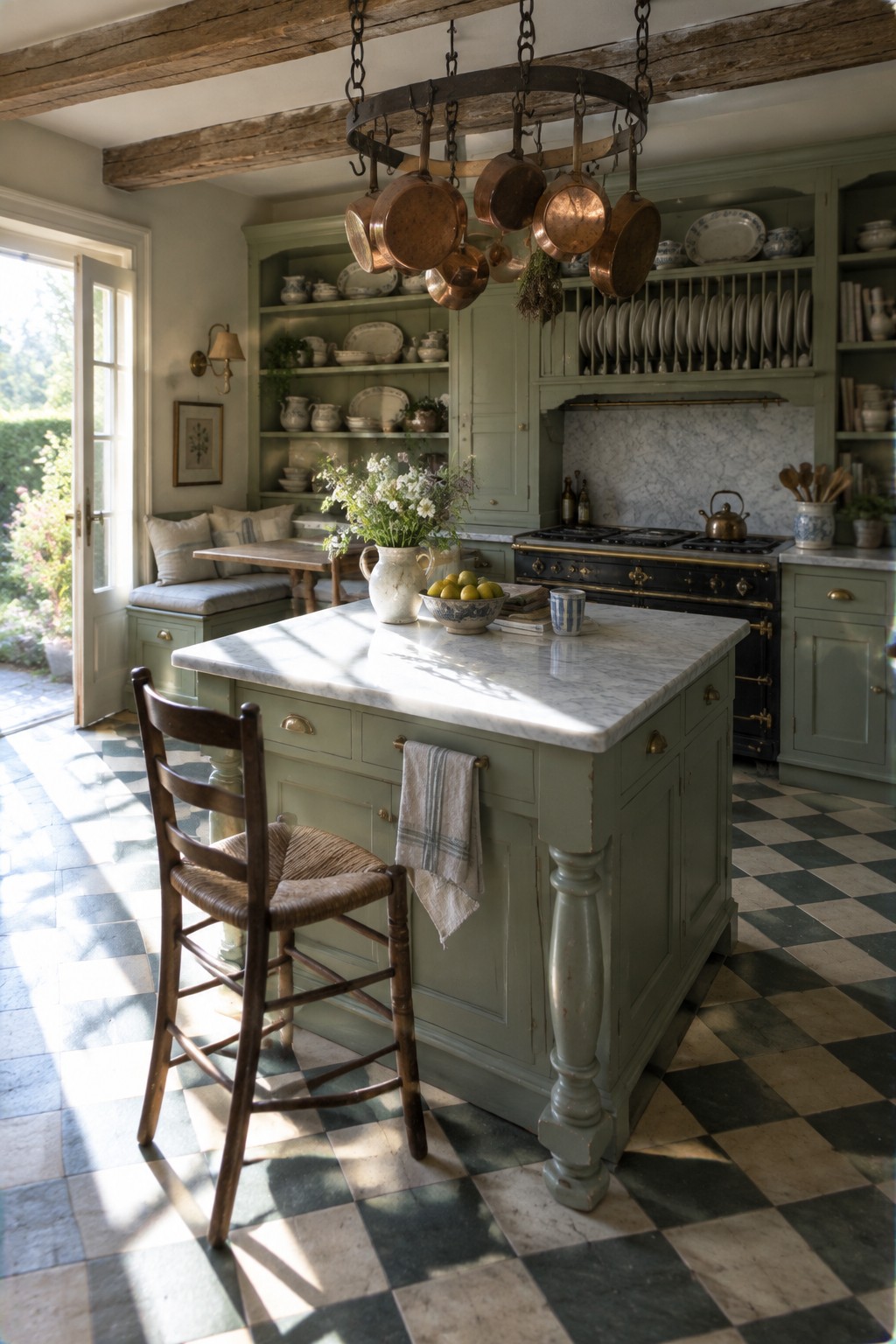 A sage green kitchen island with white marble top, a wooden chair pulled up to it, open shelving with dishes, and copper pots hanging from a rack above.