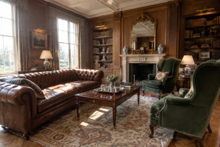 25 Timeless Old Money Interiors With Traditional Millwork and Antique-Inspired Details Elegant wood-paneled library with leather sofas, green velvet chairs, fireplace, and bookshelves.