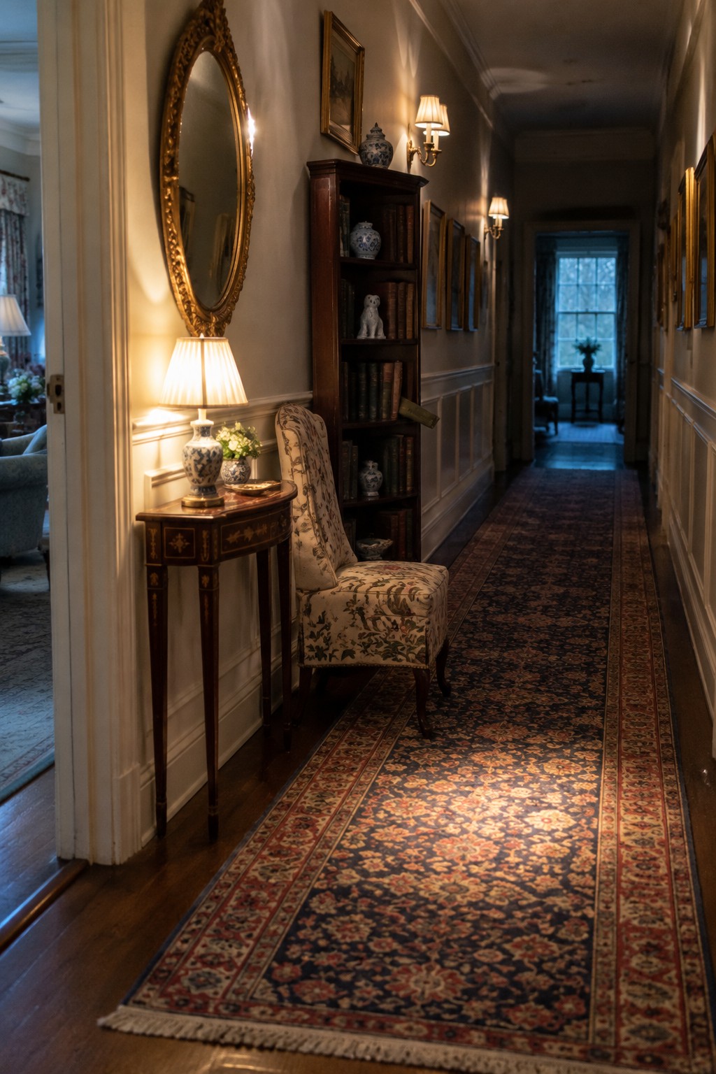 Elegant hallway with ornate Persian rug, wooden bookshelf, floral armchair, and gold mirror.