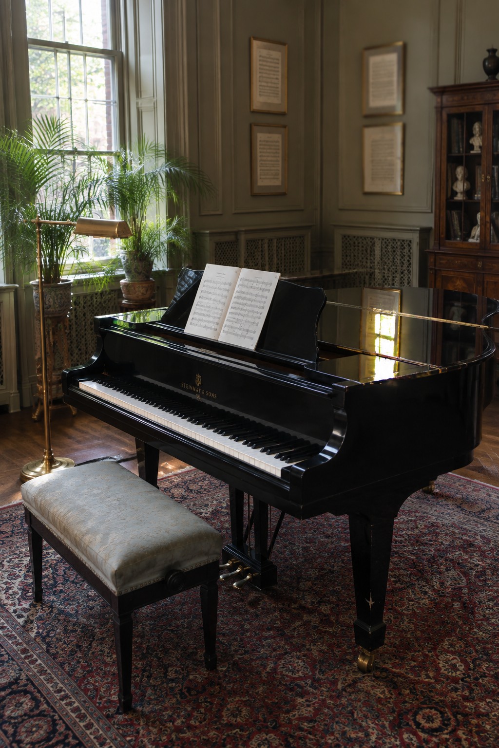 Black Steinway grand piano with open sheet music, bench on patterned rug in elegant room
